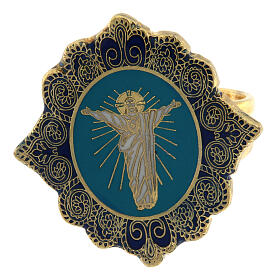 Gold plated ring of Risen Christ, light blue enamel
