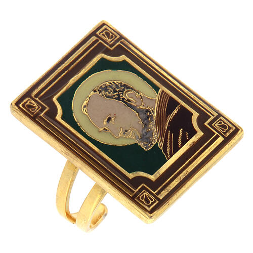 Gold plated ring of St Pio, green background, adjustable 1