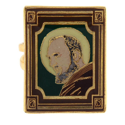 Gold plated ring of St Pio, green background, adjustable 2