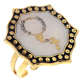 Gold plated ring with single decade rosary, white medal, adjustable diameter