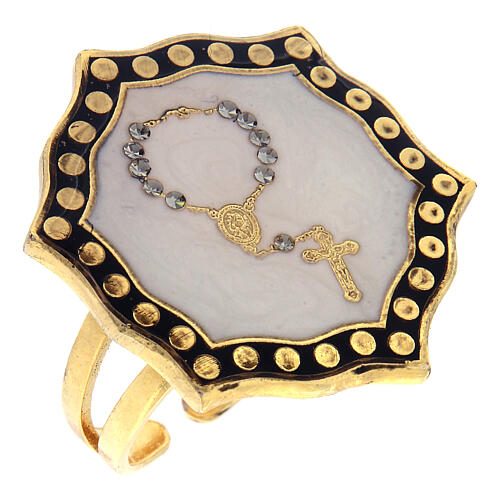 Gold plated ring with single decade rosary, white medal, adjustable diameter 1