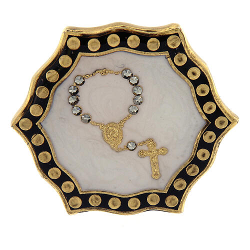 Gold plated ring with single decade rosary, white medal, adjustable diameter 2