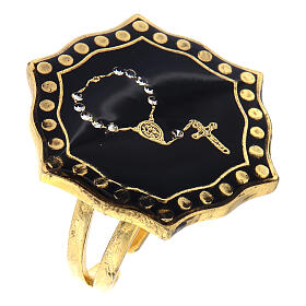 Gold plated ring with single decade rosary, black medal, adjustable diameter