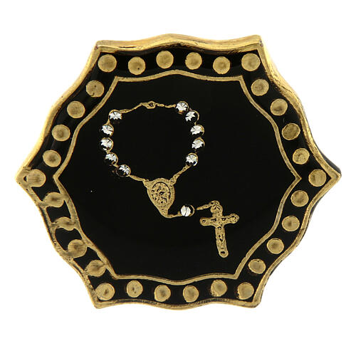 Gold plated ring with single decade rosary, black medal, adjustable diameter 2