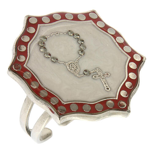 Ring with single decade rosary, white medal, adjustable diameter 1