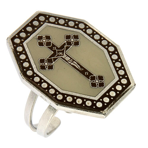 Adjustable ring, cross, ivory colour 1
