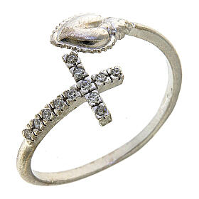 Adjustable ring with rhinestone cross and ex-voto heart, 925 silver