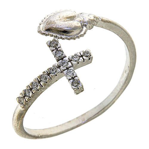 Adjustable ring with rhinestone cross and ex-voto heart, 925 silver 1