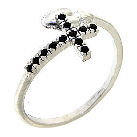 Adjustable ring with black cross and ex-voto heart, 925 silver