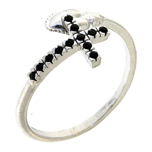 Adjustable ring with black cross and ex-voto heart, 925 silver 1