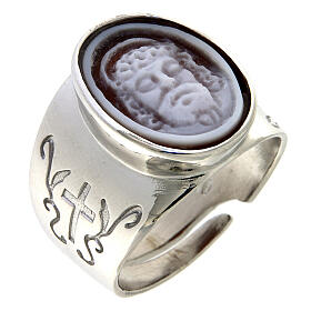 Adjustable signet ring with engraved cross and Jesus' cameo, rhodium-plated 925 silver