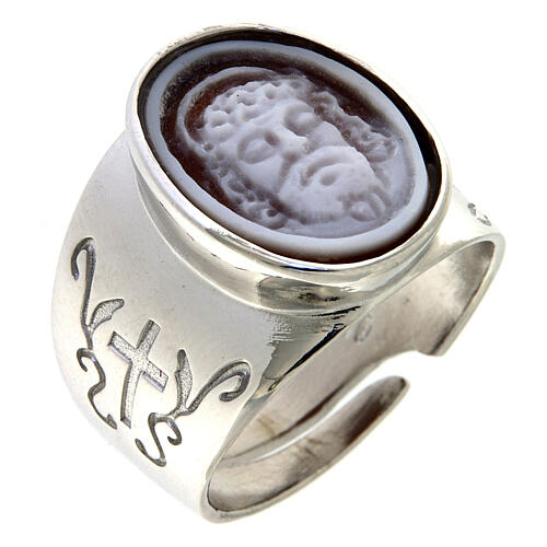 Adjustable signet ring with engraved cross and Jesus' cameo, rhodium-plated 925 silver 1