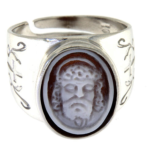 Adjustable signet ring with engraved cross and Jesus' cameo, rhodium-plated 925 silver 2