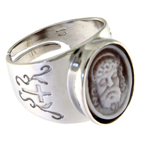 Adjustable signet ring with engraved cross and Jesus' cameo, rhodium-plated 925 silver 3