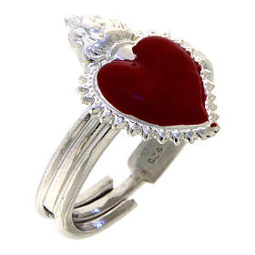 Adjustable ring with red ex-voto heart, 925 silver