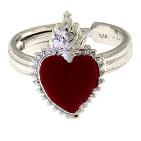 Adjustable ring with red ex-voto heart, 925 silver