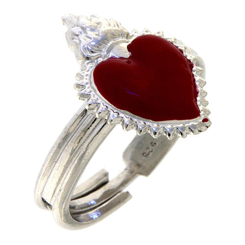 Adjustable ring with red ex-voto heart, 925 silver 1