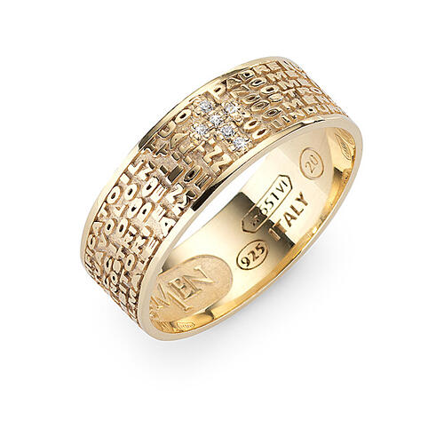 AMEN ring with Our Father prayer and zircon cross, gold plated 925 silver 1