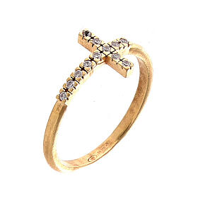 Ring with white zircon cross, gold plated 925 silver