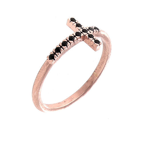 Anello argento rosato croce con zirconi neri 1