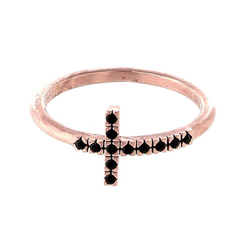 Anello argento rosato croce con zirconi neri 2