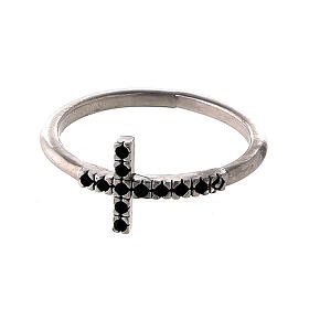 Ring with black zircon cross, rhodium-plated 925 silver