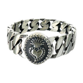 AMEN Sacred Heart ring with chain links, burnished 925 silver