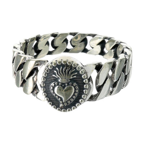 AMEN Sacred Heart ring with chain links, burnished 925 silver 2