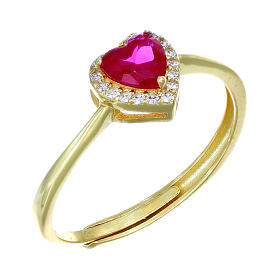 Amen ring with heart of white and red rhinestones, gold plated 925 silver