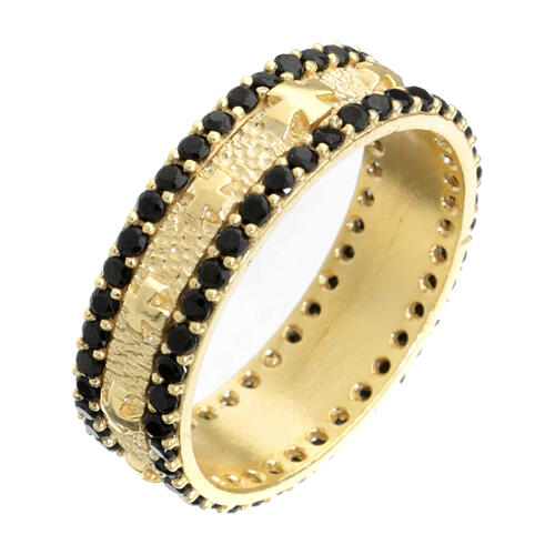 Band ring of gold plated 925 silver, black rhinestones 1