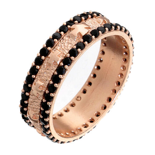 Anel faixa prata 925 rosê zircões pretos e cruzes 1