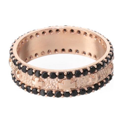 Anel faixa prata 925 rosê zircões pretos e cruzes 2