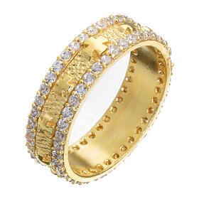 Band ring with crosses and white rhinestones, gold plated 925 silver