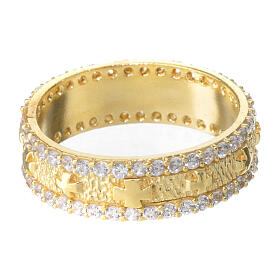 Band ring with crosses and white rhinestones, gold plated 925 silver