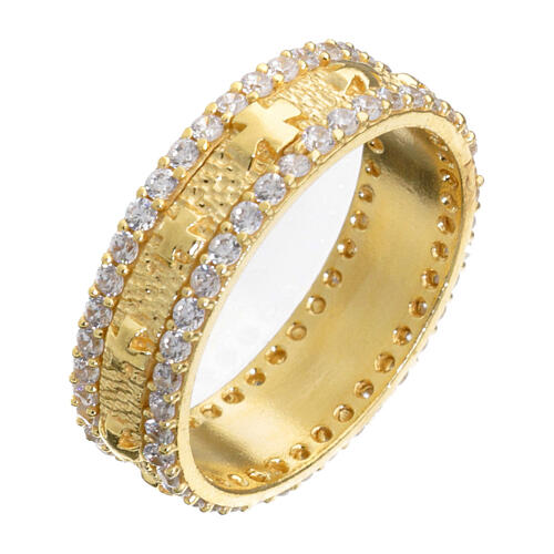 Band ring with crosses and white rhinestones, gold plated 925 silver 1