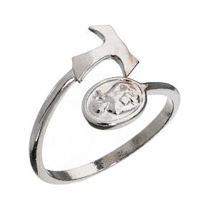 Open ring with St. Francis and Tau, rhodium-plated 925 silver