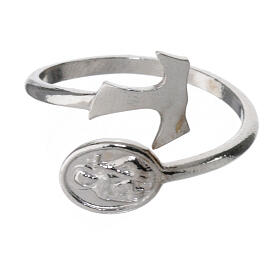 Open ring with St. Francis and Tau, rhodium-plated 925 silver