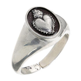 Adjustable ring with ex-voto heart, burnished 925 silver