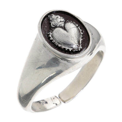 Adjustable ring with ex-voto heart, burnished 925 silver 1