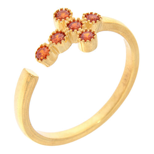 Ring, vergoldet, verstellbar, Kreuz mit orangefarbenen Zirkonia, 925er Silber, Agios 1