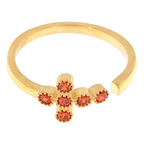 Ring, vergoldet, verstellbar, Kreuz mit orangefarbenen Zirkonia, 925er Silber, Agios 3