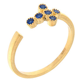 Ring, vergoldet, verstellbar, Kreuz mit blauen Zirkonia, 925er Silber, Agios