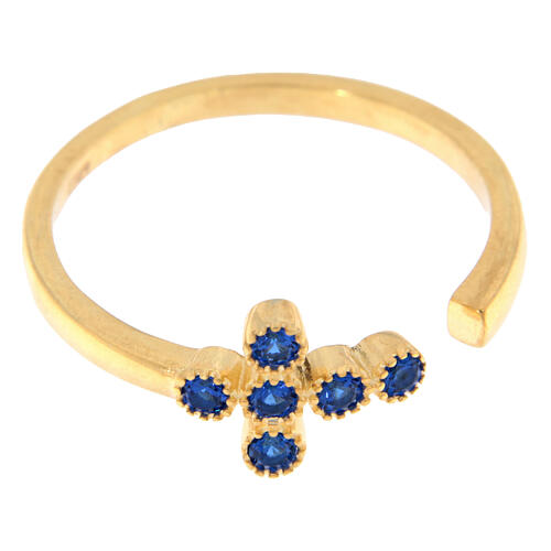 Ring, vergoldet, verstellbar, Kreuz mit blauen Zirkonia, 925er Silber, Agios 3