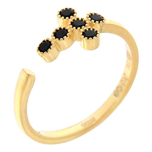 Bague réglable dorée croix zircons noirs argent 925 Agios 1