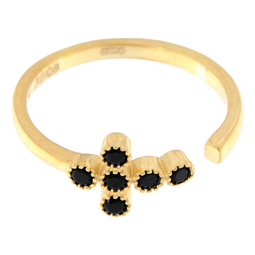 Regulowany pierścień pozłacany, krzyż z czarnymi cyrkoniami, srebro 925, Agios 3