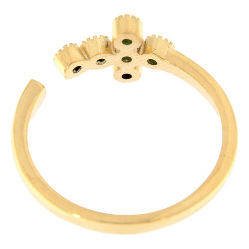 Ring, vergoldet, verstellbar, Kreuz mit smaragdgrünen Zirkonia, 925er Silber, Benedictus 4