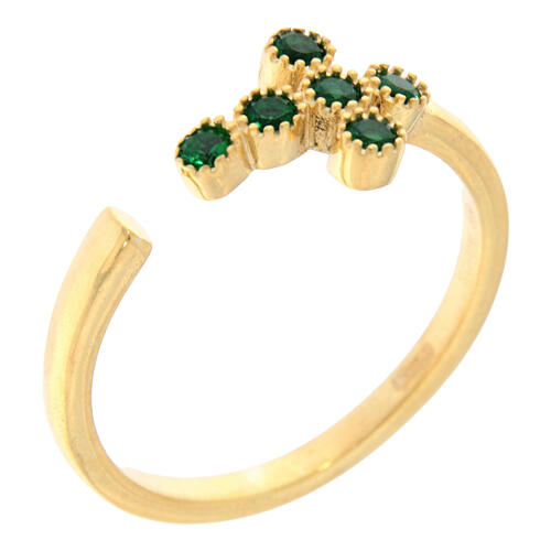 Anello regolabile dorato croce zirconi verde smeraldo argento 925 Agios 1
