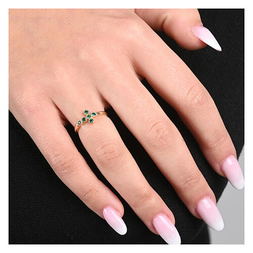 Anello regolabile dorato croce zirconi verde smeraldo argento 925 Agios 2