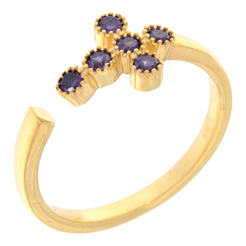 Adjustable gold ring cross purple zirconia 925 silver, Agios 1