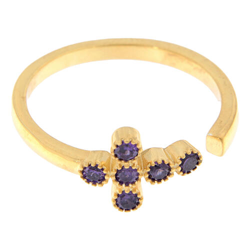 Adjustable gold ring cross purple zirconia 925 silver, Agios 3